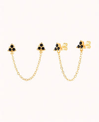 Doppelte blütenförmige Zirkonia-Piercing-Ohrstecker mit hängender Kette – erhältlich in Schwarz und Weiß