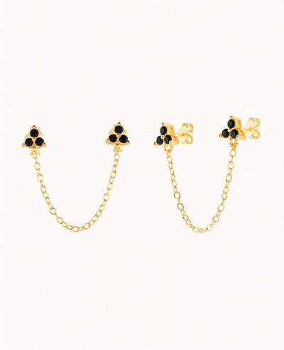 Doppelte blütenförmige Zirkonia-Piercing-Ohrstecker mit hängender Kette – erhältlich in Schwarz und Weiß