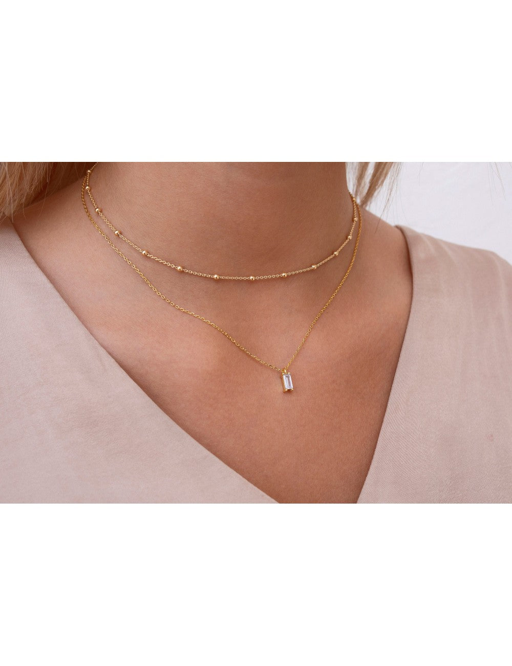 Baguette CZ Pendant Charm Necklace - Stone available in different colors