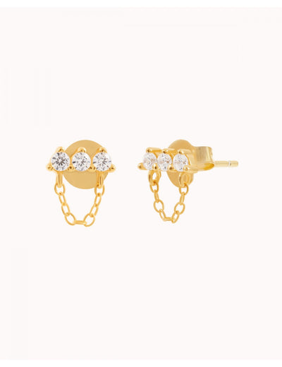 3 CZ Bar Shaped Stud Earrings With Dangling Chain