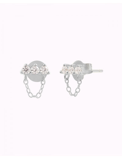 3 CZ Bar Shaped Stud Earrings With Dangling Chain
