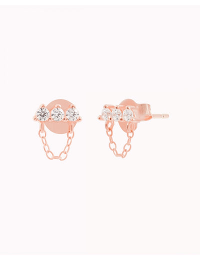 3 CZ Bar Shaped Stud Earrings With Dangling Chain