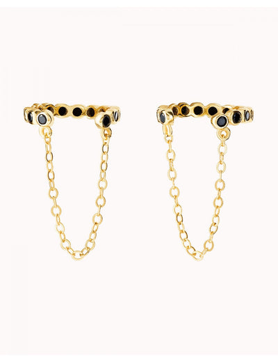 Boucles d'oreilles conques avec zircons noirs et chaîne pendante - Faux piercing