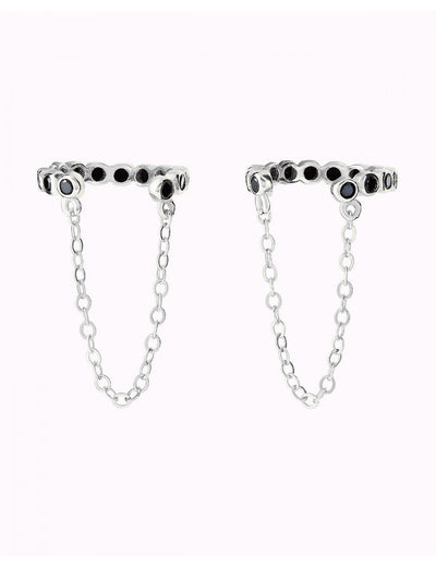 Boucles d'oreilles conques avec zircons noirs et chaîne pendante - Faux piercing