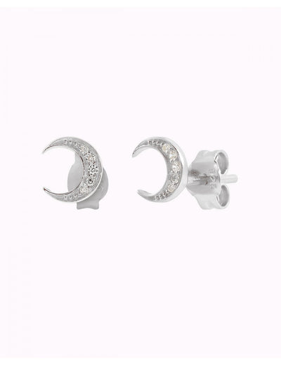 Crescent Moon CZ Silver Stud Earrings
