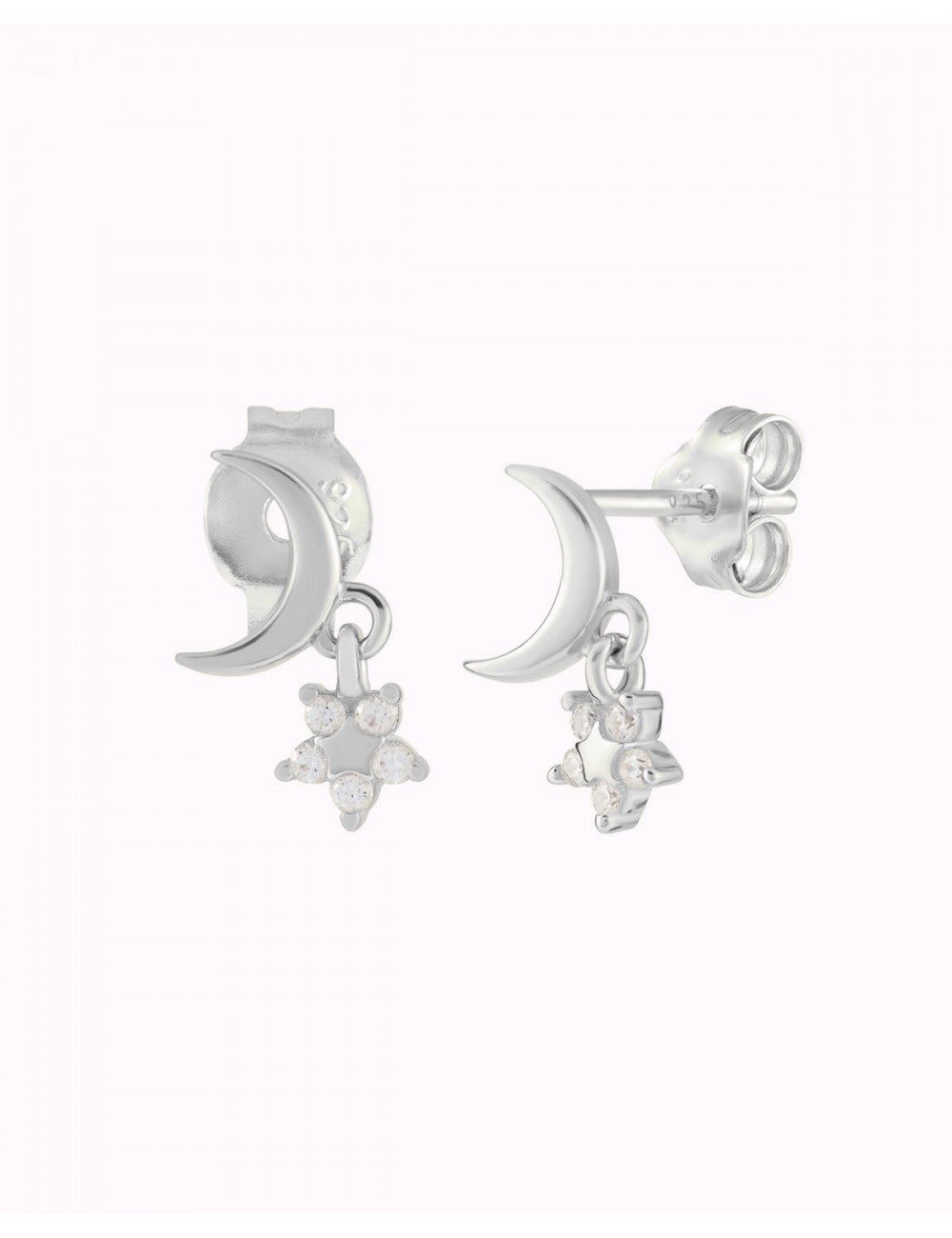 Pendientes stud en forma de luna creciente con colgante de estrella con circonitas