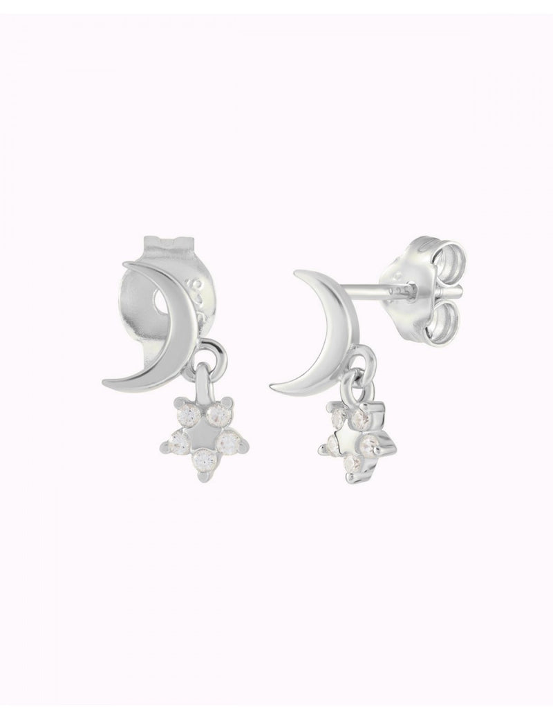 Pendientes stud en forma de luna creciente con colgante de estrella con circonitas