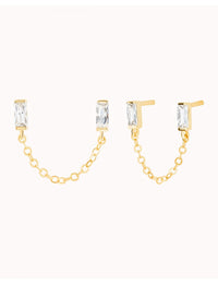 Pendientes stud piercing doble de circonitas en talla baguette con cadena