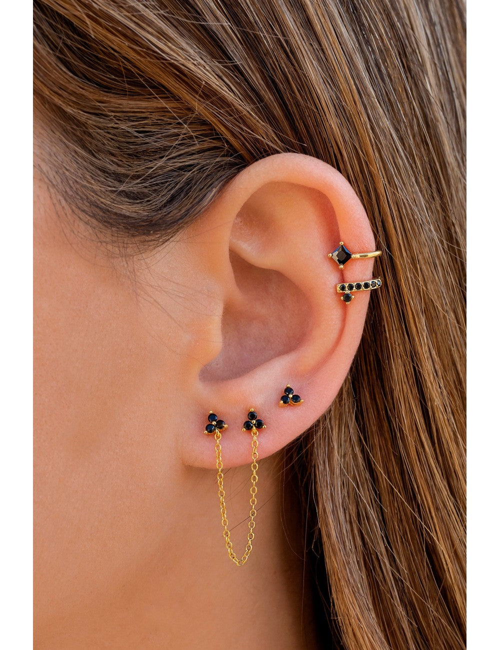 Dangling Chain CZ Double Flower Shaped Stud Earrings - Available in Black & White