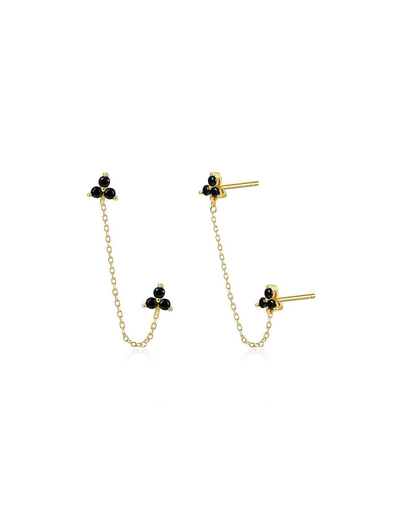 Dangling Chain CZ Double Flower Shaped Stud Earrings - Available in Black & White