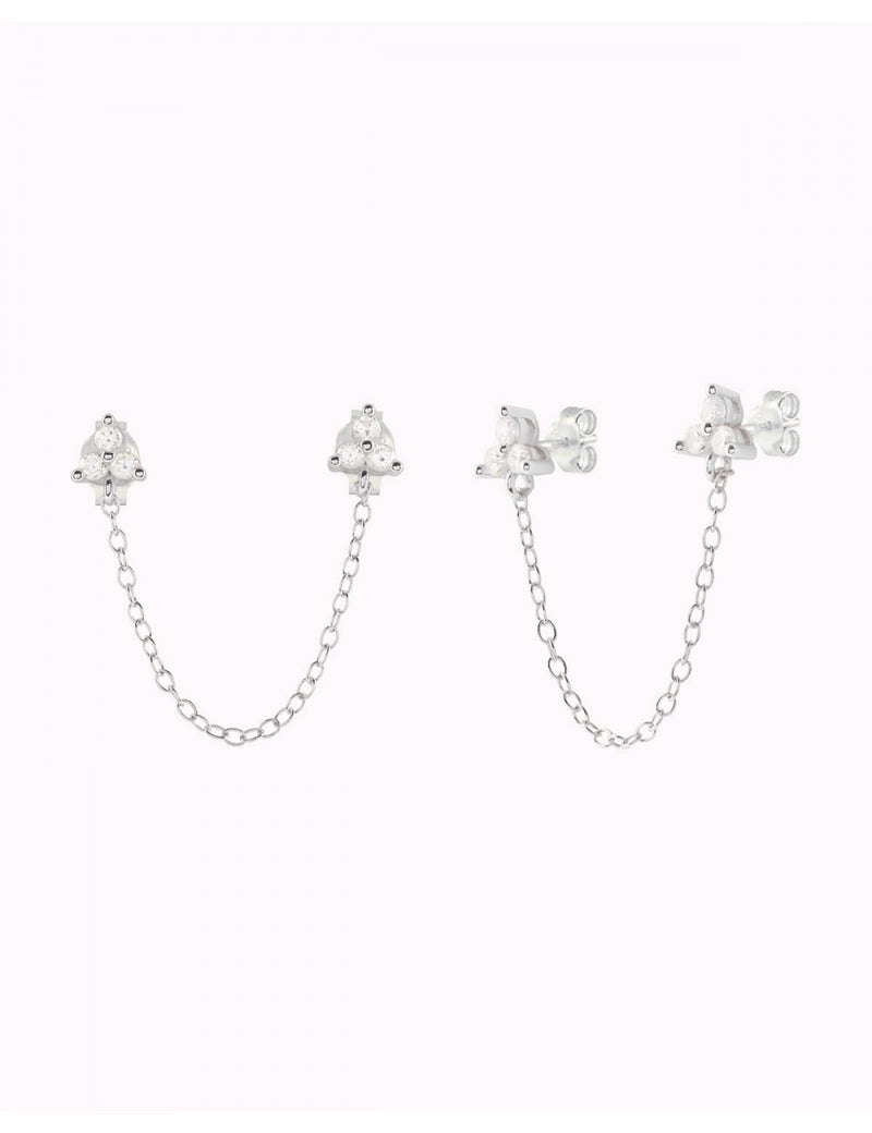 Dangling Chain CZ Double Flower Shaped Stud Earrings - Available in Black & White