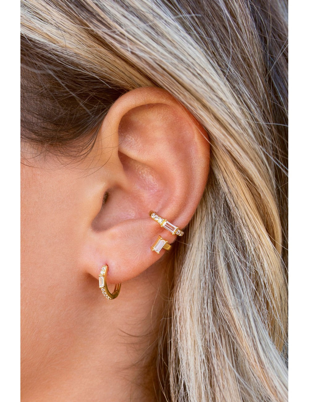 Baguette & Pave CZ Huggie Hoop Earrings