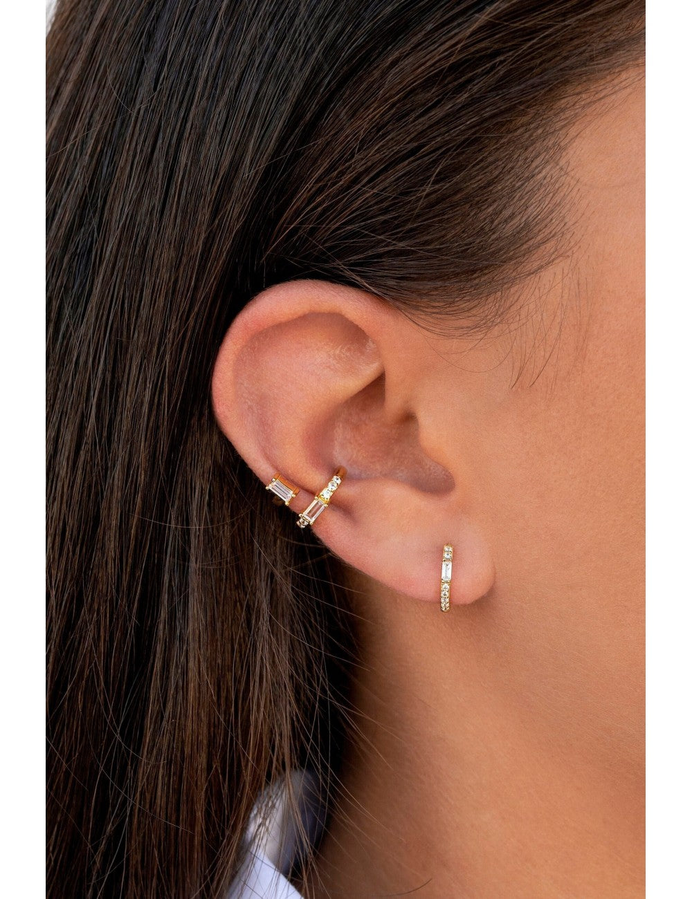 Baguette & Pave CZ Huggie Hoop Earrings