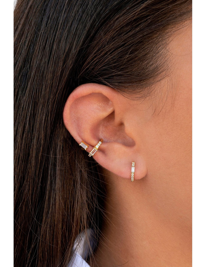 Baguette & Pave CZ Huggie Hoop Earrings