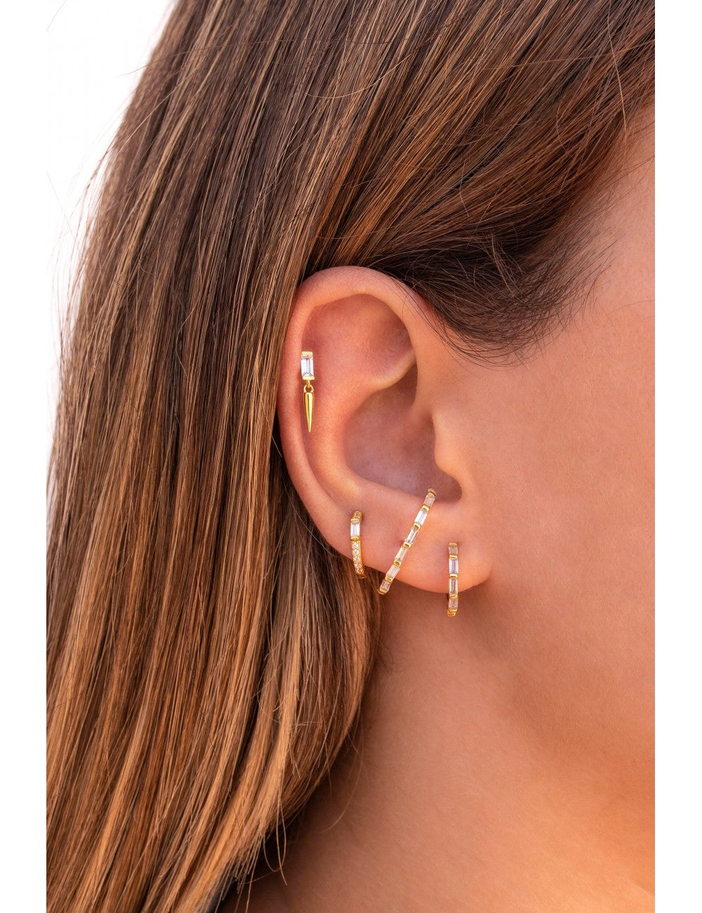 Baguette & Pave CZ Huggie Hoop Earrings