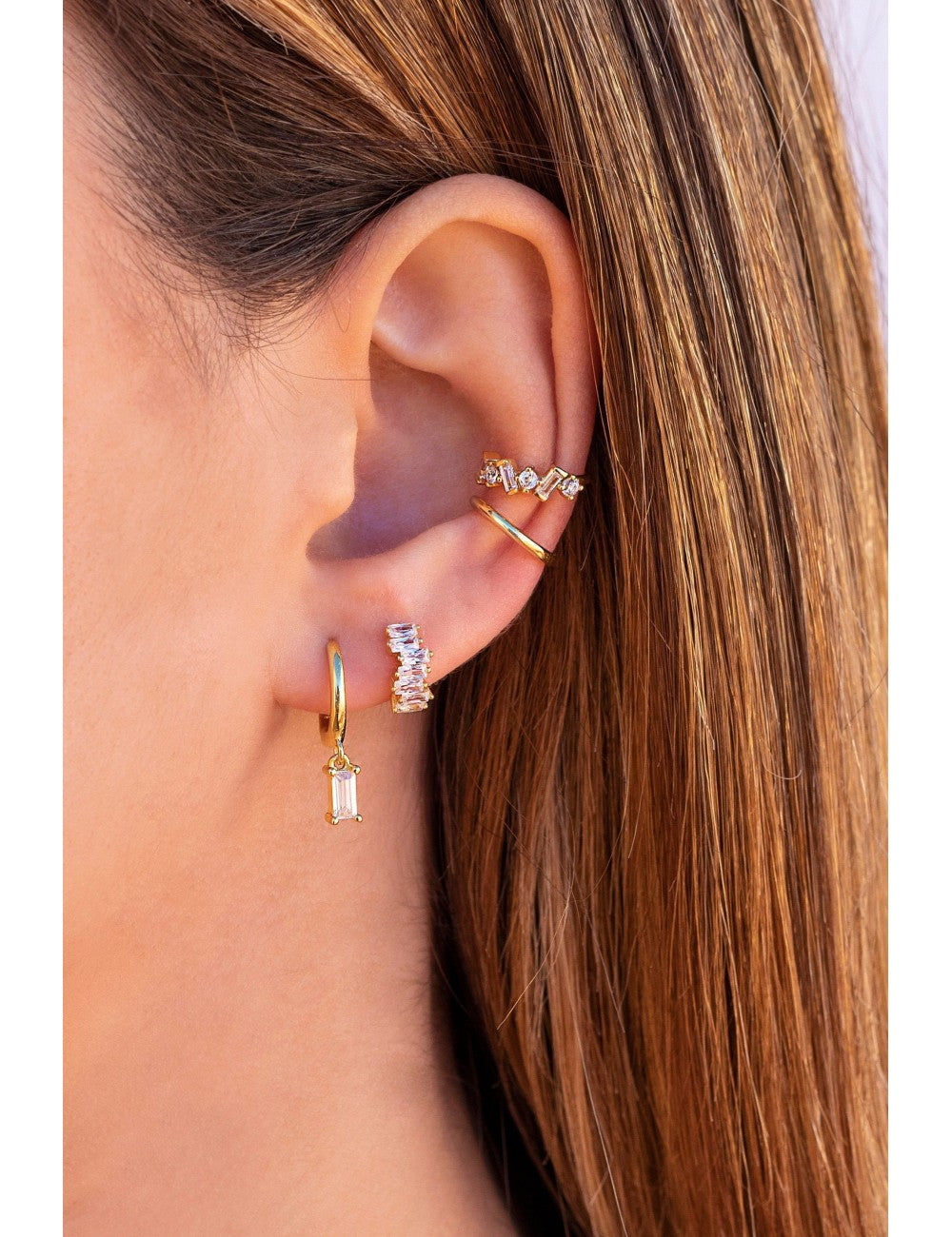 Baguette CZ Charm Huggie Hoop Earrings
