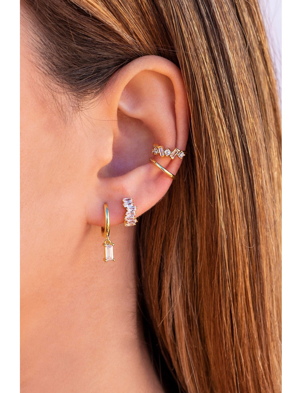 Misaligned Baguette CZ Huggie Hoop Earrings