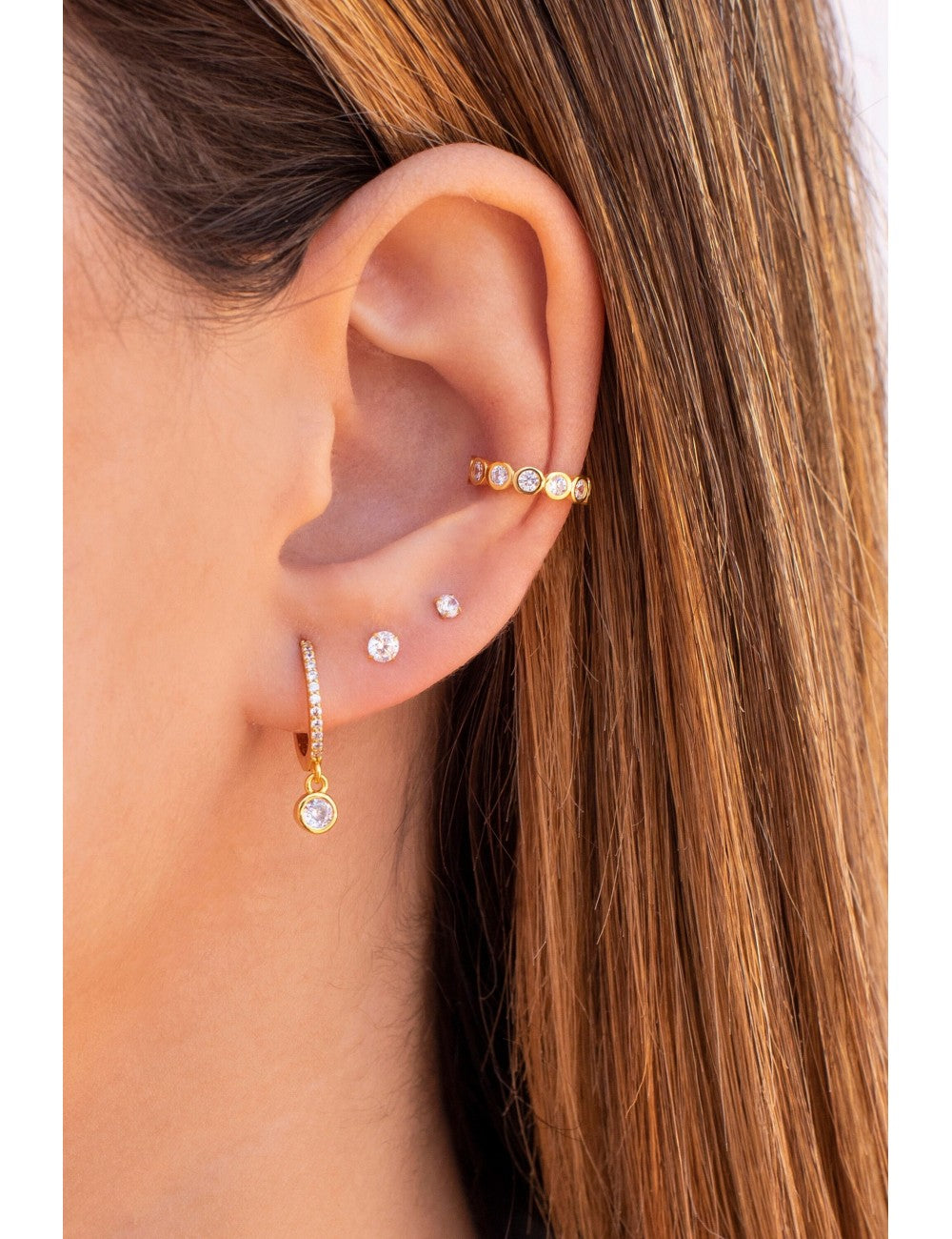 Boucles d'oreilles créoles Huggie avec zircone cubique et pendentif en zircone cubique serti clos