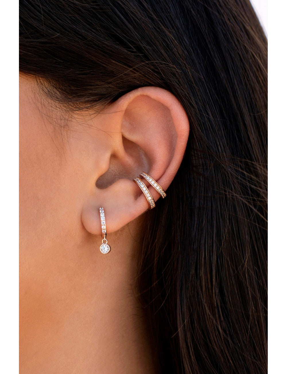 Boucles d'oreilles créoles Huggie avec zircone cubique et pendentif en zircone cubique serti clos