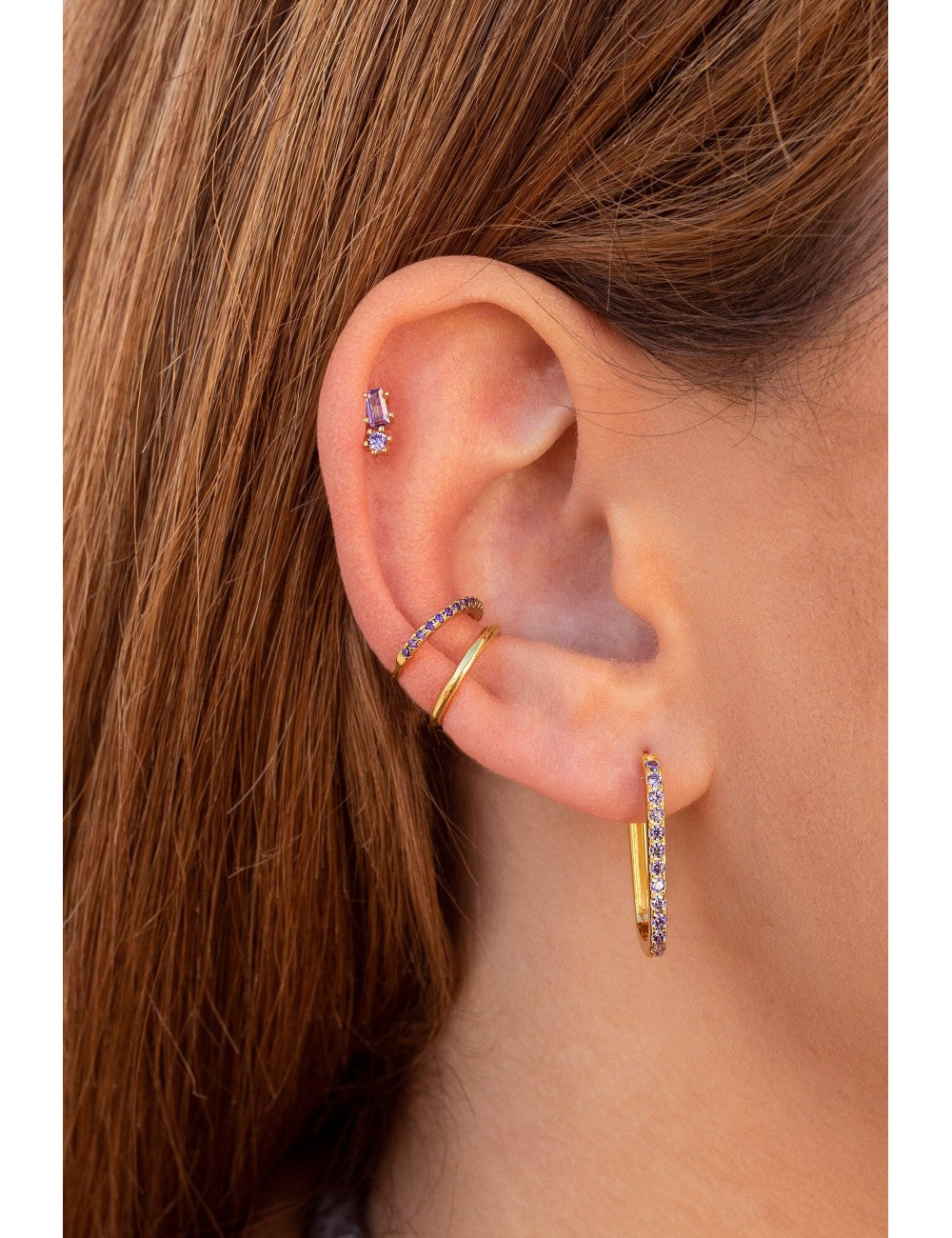 Pendientes de aro rectangulares con circonitas en pavé - Color Morado