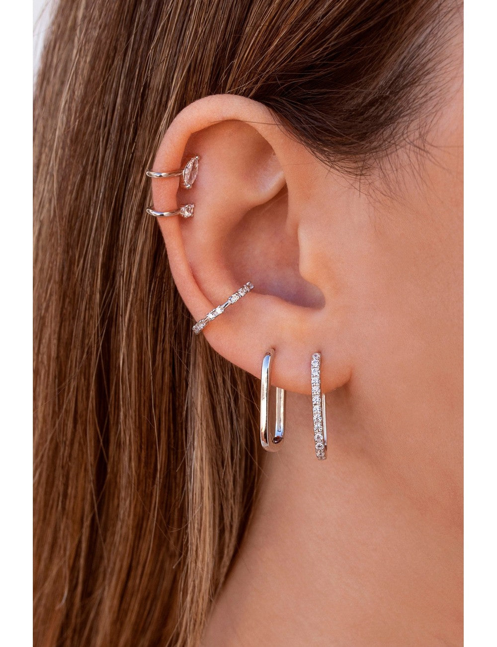 Pave CZ Oblong Rectangle Hoop Earrings