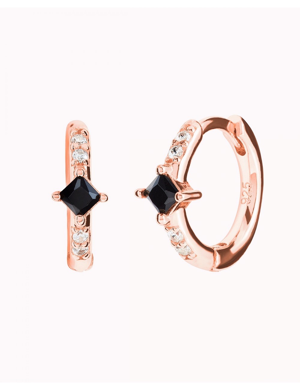 Petites boucles d'oreilles créoles avec zircones blanches et noires taille princesse