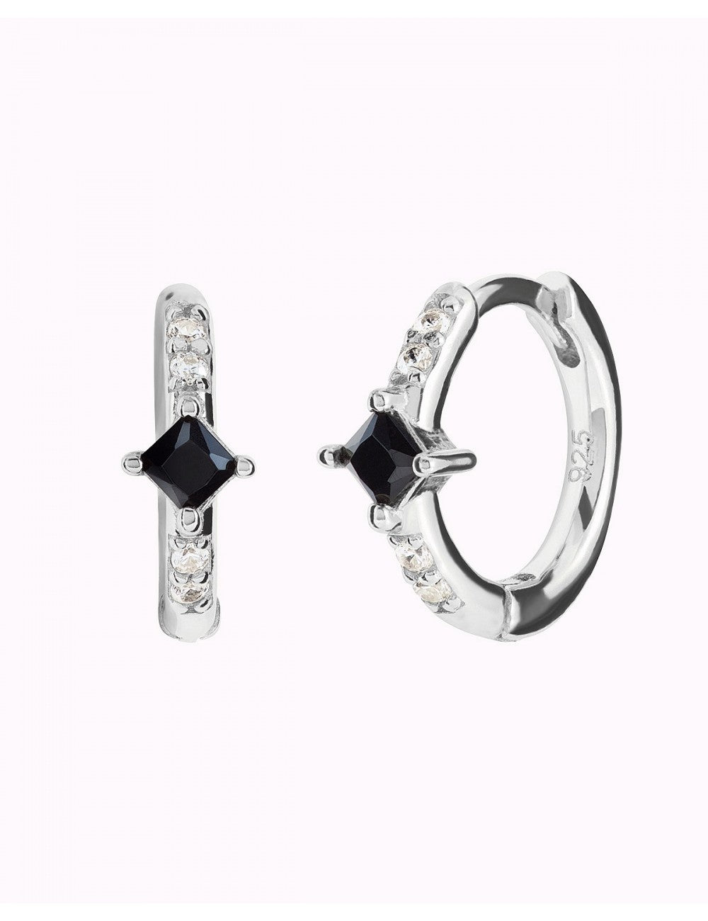 Petites boucles d'oreilles créoles avec zircones blanches et noires taille princesse