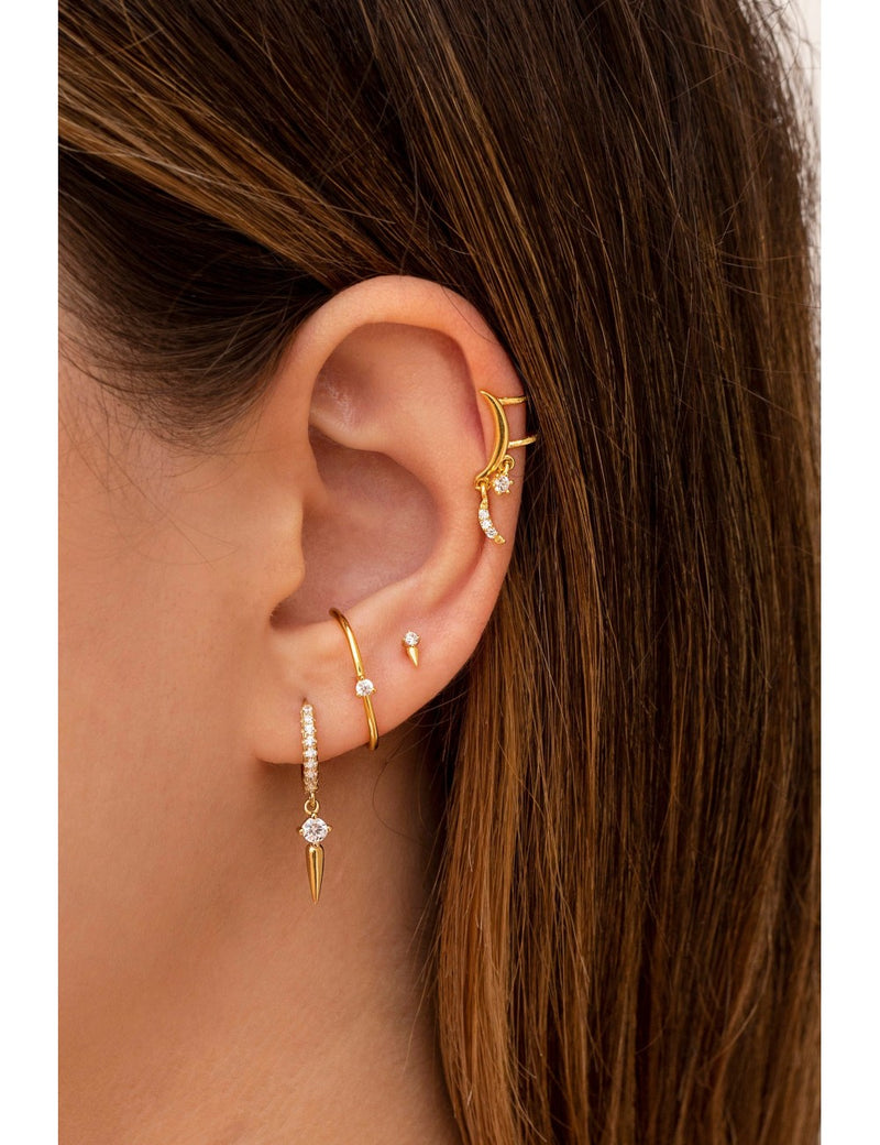 Pendientes stud ear lobe cuff con circonita en talla redonda con 3 garras - 4 colores disponibles: Blanco, Negro, Turquesa y Morado