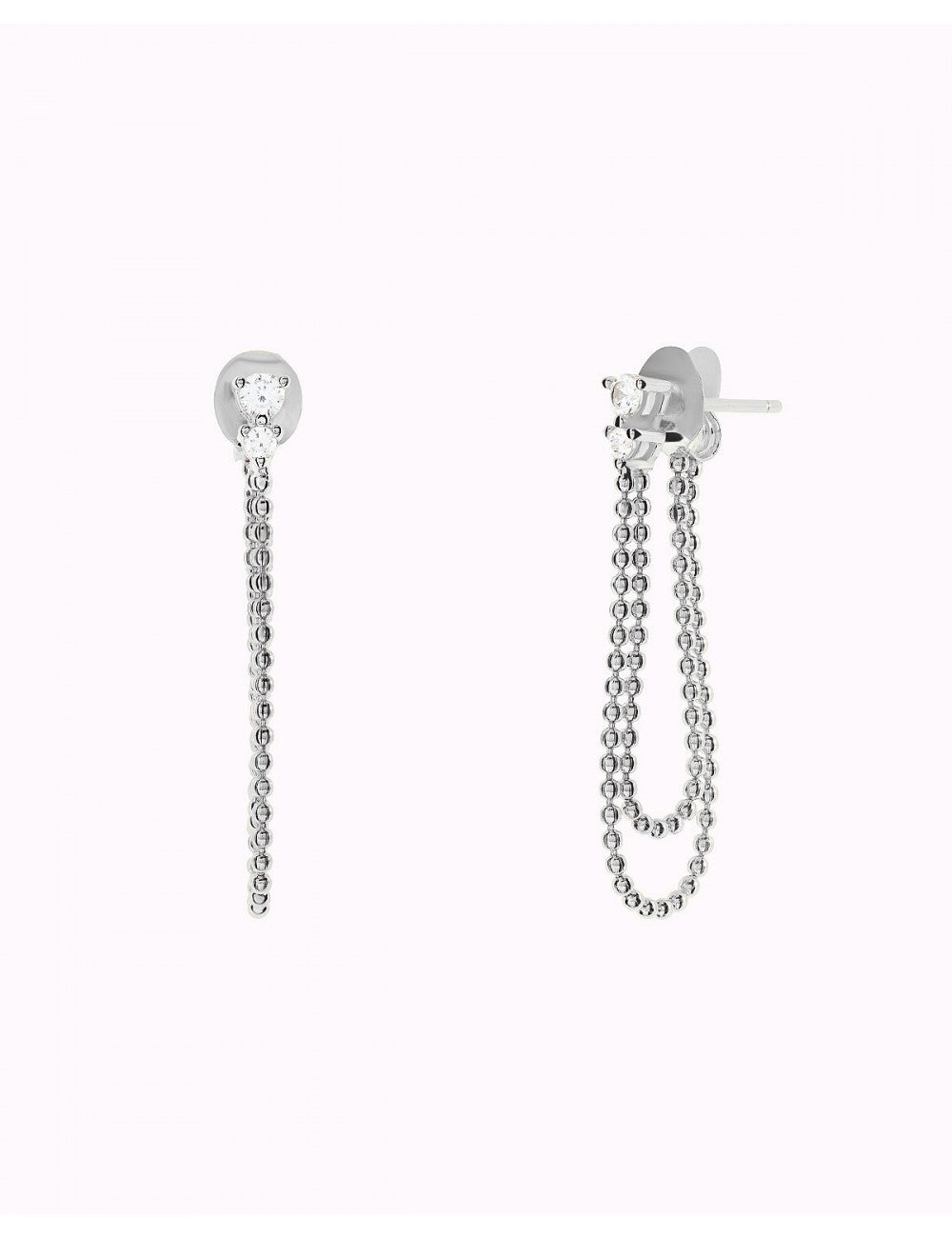 Pendientes stud con circonitas en 3 garras y cadena doble de bolas