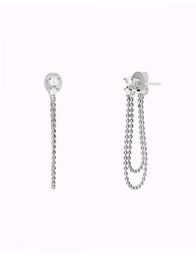 Pendientes stud con circonitas en 3 garras y cadena doble de bolas