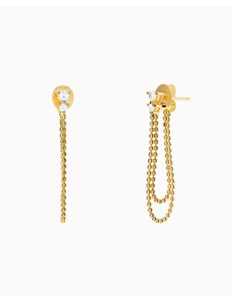 Pendientes stud con circonitas en 3 garras y cadena doble de bolas