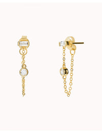 Baguette & Round CZ Dangling Chain Stud Earrings