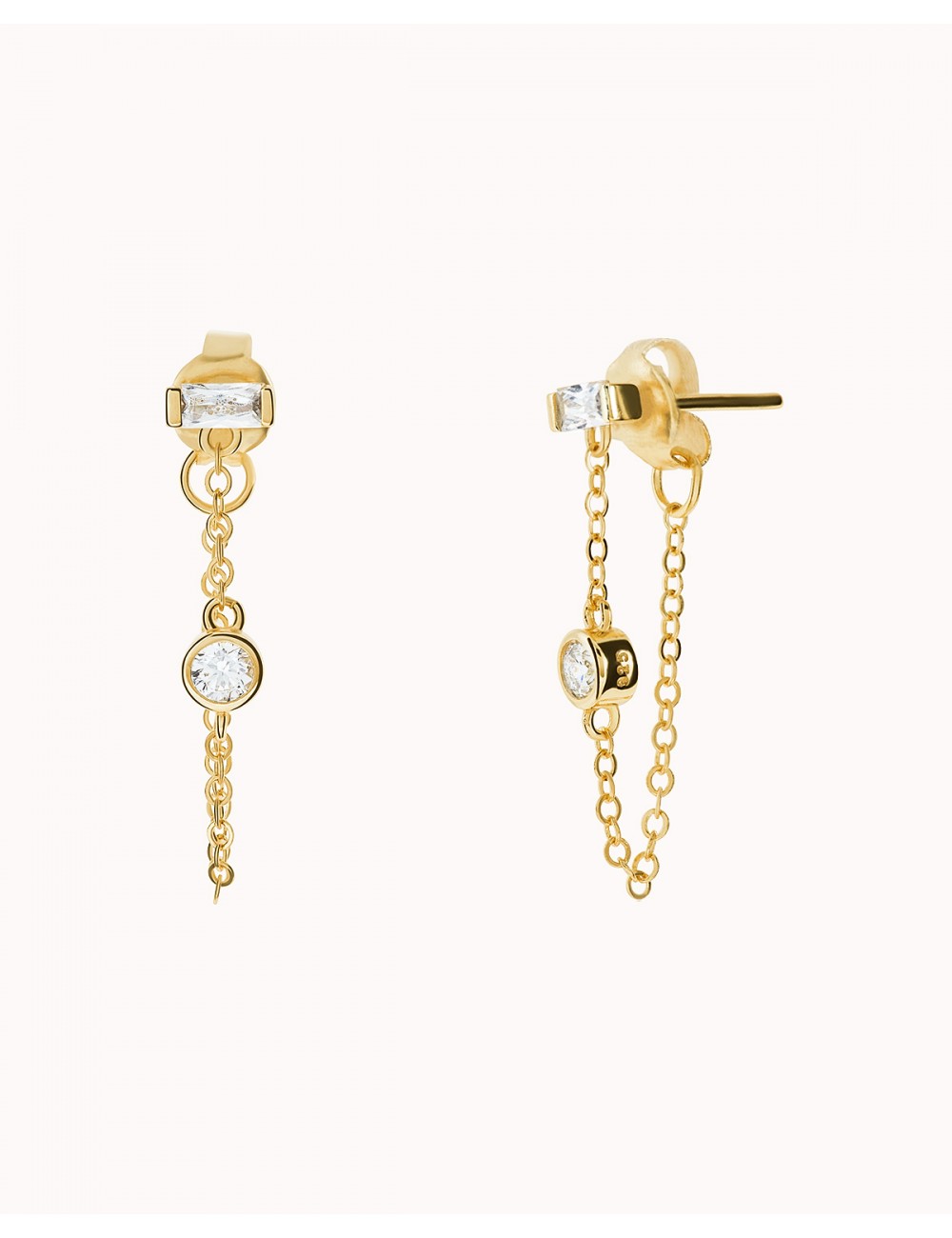 Baguette & Round CZ Dangling Chain Stud Earrings