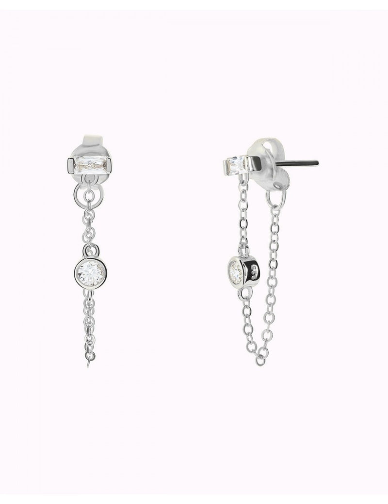 Baguette & Round CZ Dangling Chain Stud Earrings