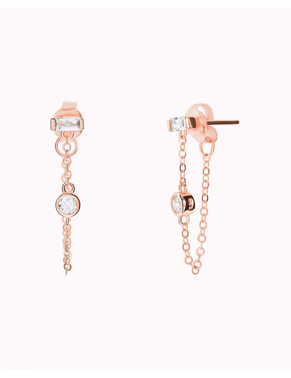 Baguette & Round CZ Dangling Chain Stud Earrings