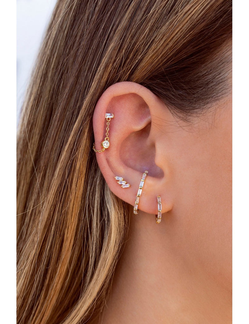 Baguette & Round CZ Dangling Chain Stud Earrings