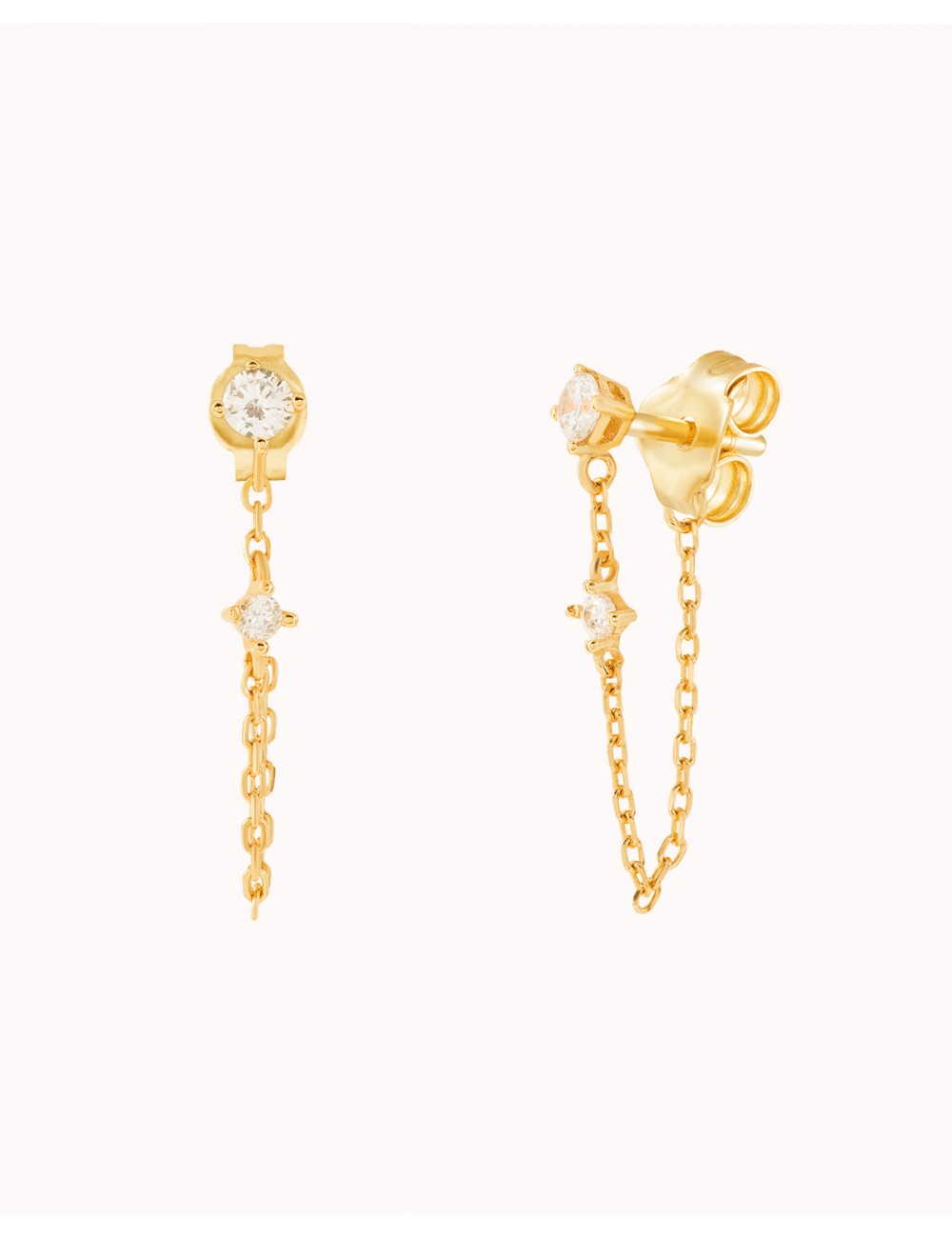Pendientes stud con cadena colgante y circonitas en talla redonda engastada en 4 garras
