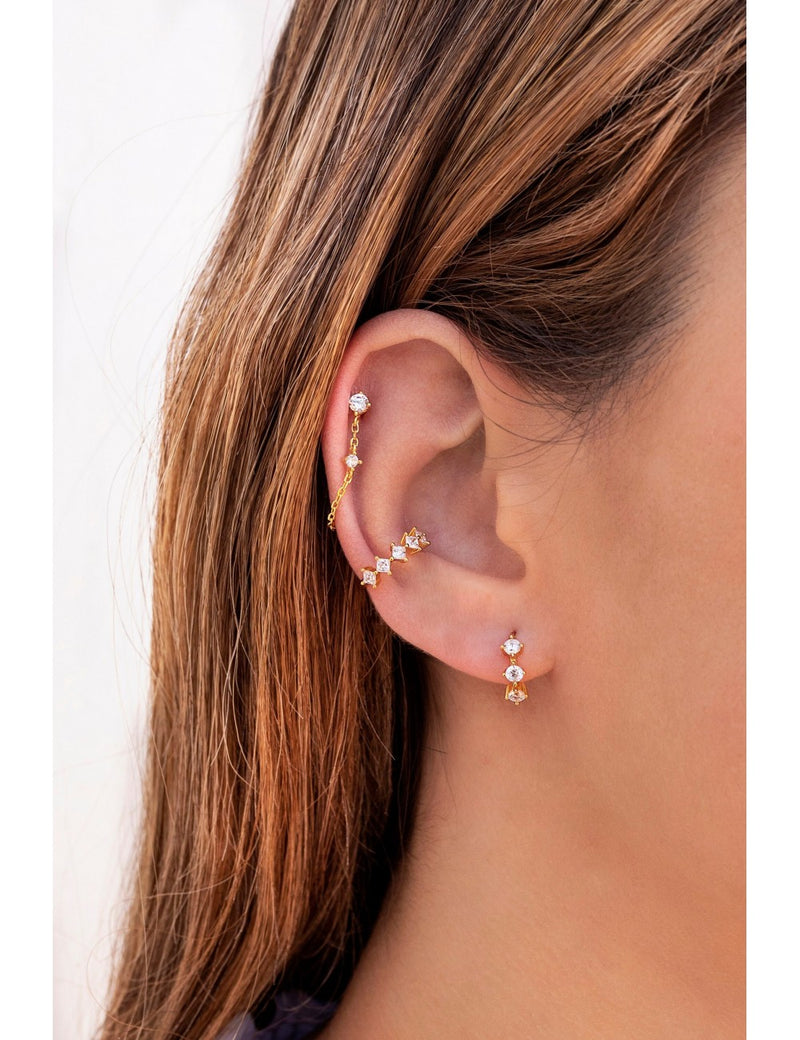 Pendientes stud con cadena colgante y circonitas en talla redonda engastada en 4 garras