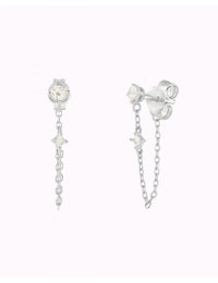 Pendientes stud con cadena colgante y circonitas en talla redonda engastada en 4 garras