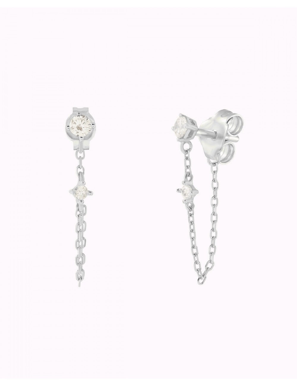 Pendientes stud con cadena colgante y circonitas en talla redonda engastada en 4 garras