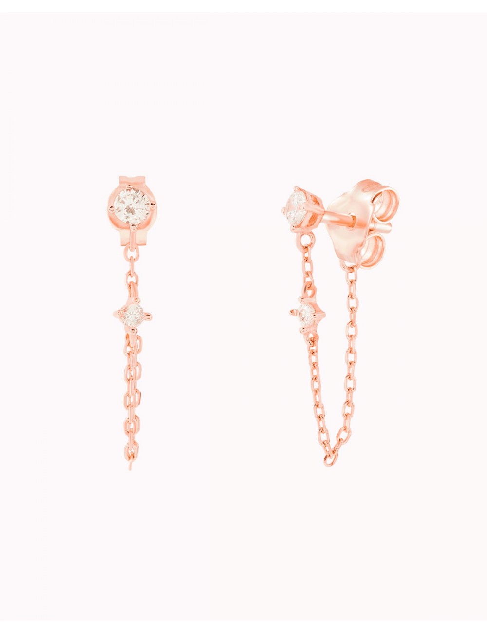 Pendientes stud con cadena colgante y circonitas en talla redonda engastada en 4 garras