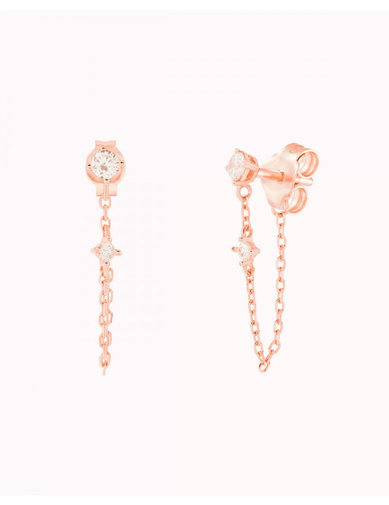 Pendientes stud con cadena colgante y circonitas en talla redonda engastada en 4 garras