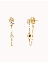 Pendientes stud con cadena colgante y circonitas en talla redonda engastadas en bezel