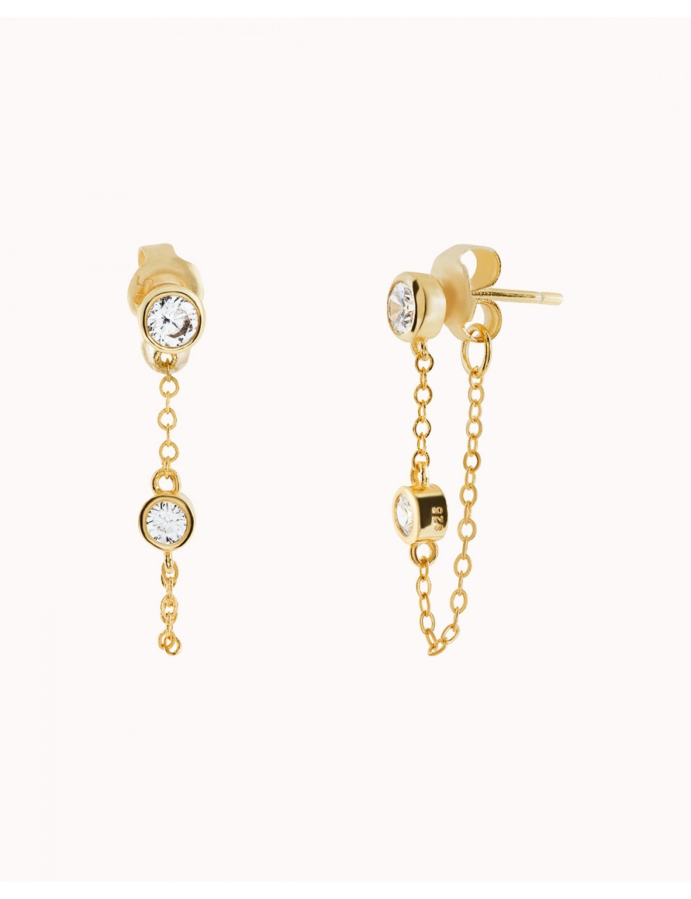 Pendientes stud con cadena colgante y circonitas en talla redonda engastadas en bezel