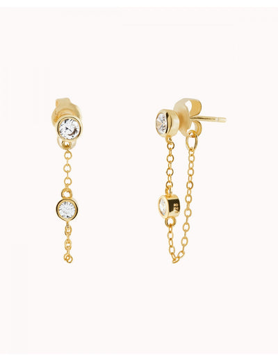 Ohrstecker mit hängender Kette und in einer Fassung eingefassten Zirkonen im Rundschliff