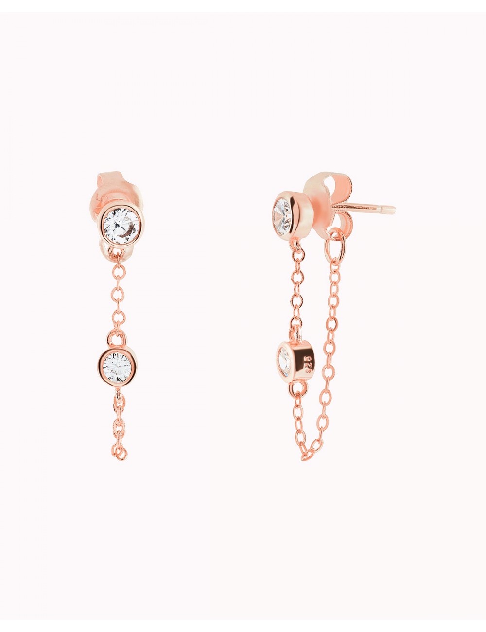 Pendientes stud con cadena colgante y circonitas en talla redonda engastadas en bezel