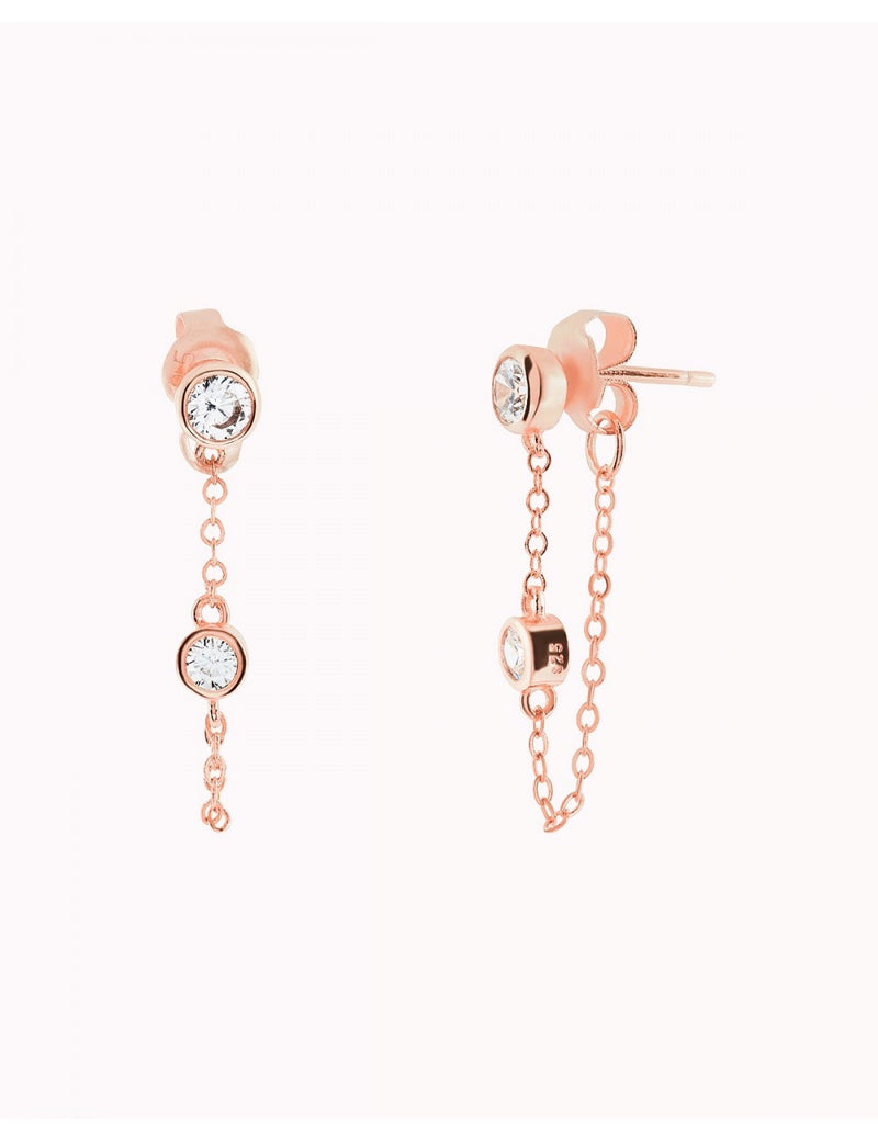 Pendientes stud con cadena colgante y circonitas en talla redonda engastadas en bezel