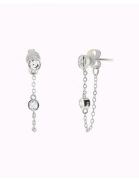 Pendientes stud con cadena colgante y circonitas en talla redonda engastadas en bezel