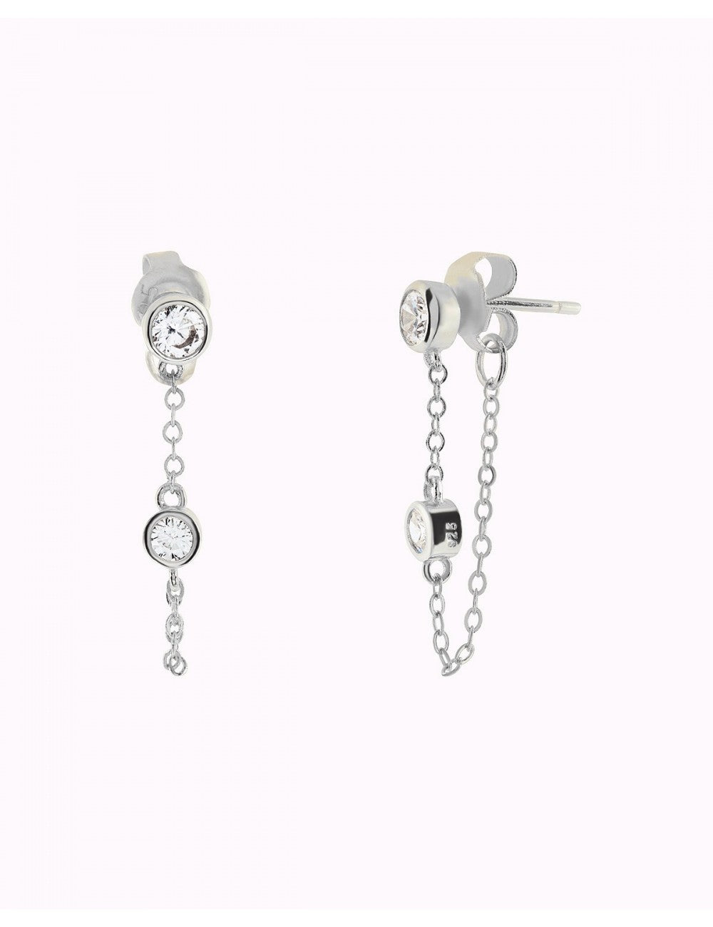 Pendientes stud con cadena colgante y circonitas en talla redonda engastadas en bezel