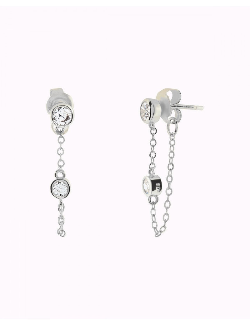 Pendientes stud con cadena colgante y circonitas en talla redonda engastadas en bezel